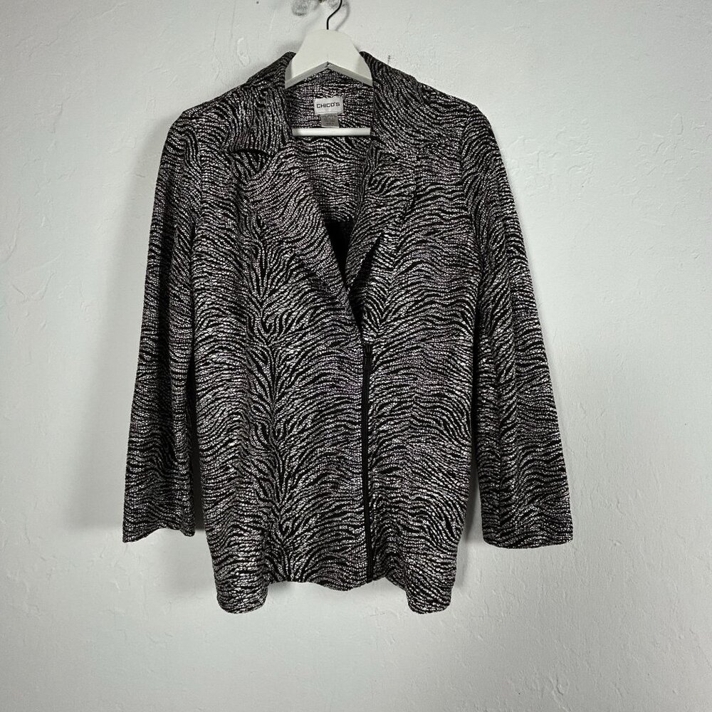 Chico's Womens Black & White Zebra Print Zip Up Jacket Size 0 Casual Lightweight